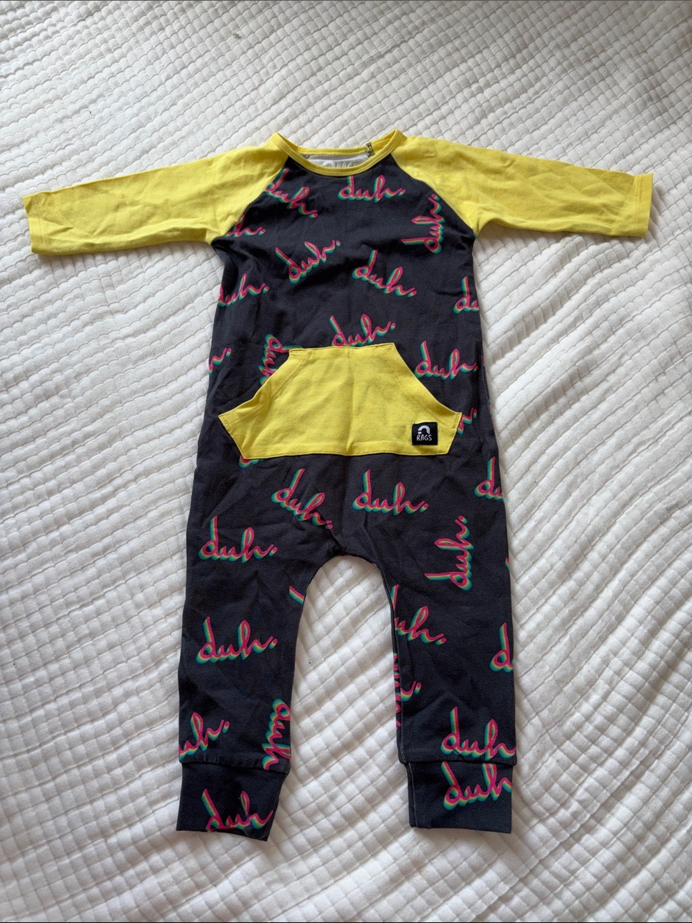 RAGA Kids Black & Yellow 'Duh' Graphic One-Piece Bodysuit